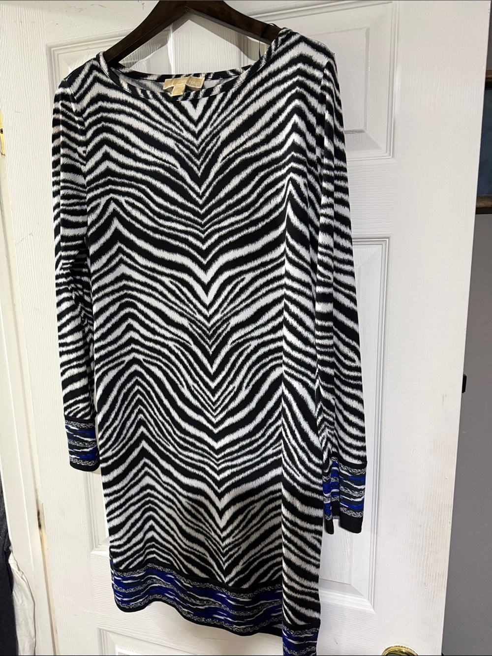 Michael Kors Black and White Zebra Print Long Sleeve Dress with Blue Trim